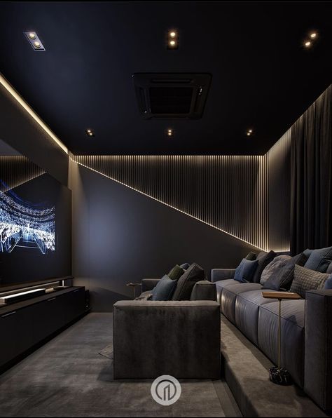 Media Room Ideas Modern, Black Theater Room Ideas, Cenima Room, Ktv Interior Design, Dark Media Room, Home Theatre Bar, Karaoke Room Design, Home Theater Design Modern, Small Cinema Room