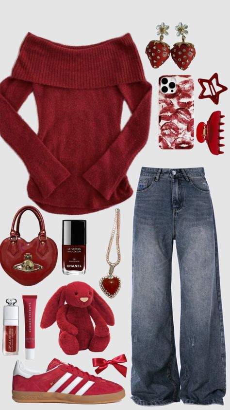 #outfit #red #redoutfit #idea #inspo #pretty #aesthetic #lightacademia #darkacedamia #coquette #redcoquette #americana #lanadelray #shufflefyp Valentines Day Cardigan Outfit, Valentine’s Day Fits Cute, V Day Outfit Casual, Outfits For Valentine’s Day Dance, Galantines Outfit Idea, Winter Vday Outfit, Raspberry Outfit Aesthetic, Red Heels And Jeans Outfit, Valentine Outfit Inspiration