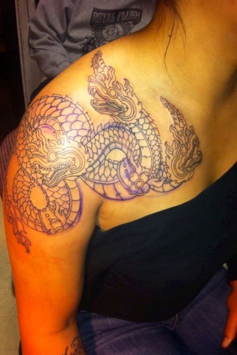 My Naga dragon tattoo done by a very talented artist in Long Beach freehand too :) Naga Dragon Tattoo, Phaya Naga Tattoo, Cambodian Tattoo For Women, Thai Dragon Tattoo, Naga Tattoo, Thai Naga, Phaya Naga, Cambodian Tattoo, Thai Tattoos