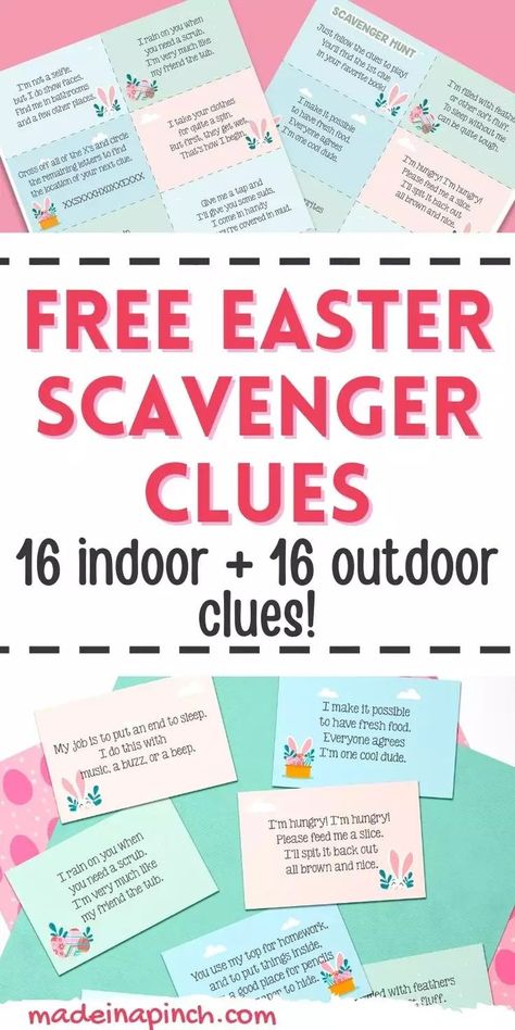 These free printable Easter scavenger hunt cards include 16 unique Easter scavenger hunt clues to create an EPIC hunt that your kids will talk about for years to come! Just print out the Easter scavenger hunt riddles and hide them around the house. Let the hunt begin! When my kids were really little, we did simple Easter egg hunts – you know, the open-ended free-for-all that many people do. | @made_in_a_pinch Easter Egg Scavenger Hunt Clues, Scavenger Hunt Clues For Kids, Outdoor Scavenger Hunt Clues, Easter Basket Hunt, Easter Riddles, Easter Scavenger Hunt Clues, Adult Easter Egg Hunt, Egg Hunt Clues, Easter Egg Scavenger Hunt