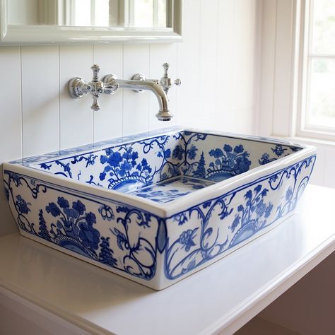 Ecosapiens | Elevate the elegance and charm of your bathroom with porcelain Delftware-inspired sinks. These exquisite fixtures pay homage to the classic… | Instagram Dutch Pottery, Blue And White Art, Dream Catcher Decor, Farmhouse Style Furniture, Blue Living Room Decor, Blue White Decor, Handmade Ceramic Tiles, Porcelain Sink, Kitchen Hacks Organization