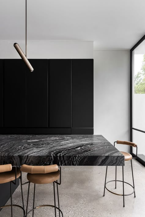 Black Marble Kitchen Island, Black Marble Kitchen, Marble Kitchen Island, Kitchen Island Storage, Island Storage, Melbourne Home, Alt Aesthetic, Human Scale, Minimal Kitchen