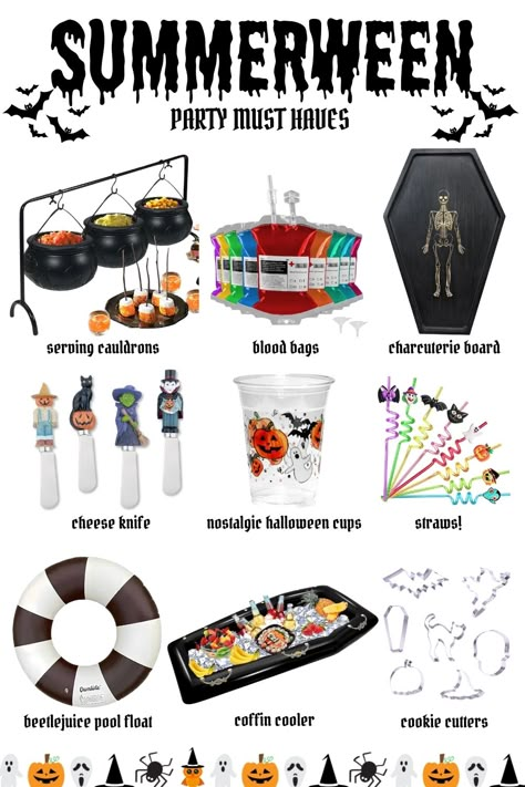 Halloween Decorations Backyard Party, Summerween Birthday Party Ideas, Summerween Party Activities, Summerween Pool Party, Spooky Season Activities, Summerween Party Decorations, Summerween Aesthetic Party, Summer Ween Ideas, Summerween Party Ideas