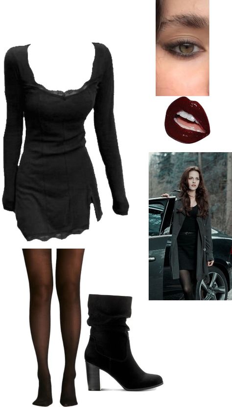 Causal Vampire Outfit, Bella Swan Outfit Vampire, Esme Cullen Outfits, Simple Vampire Outfit, Twilight Party Outfit, Twilight Outfits Ideas, Black Christmas Outfit, Twilight Dr, Katelyn Nacon