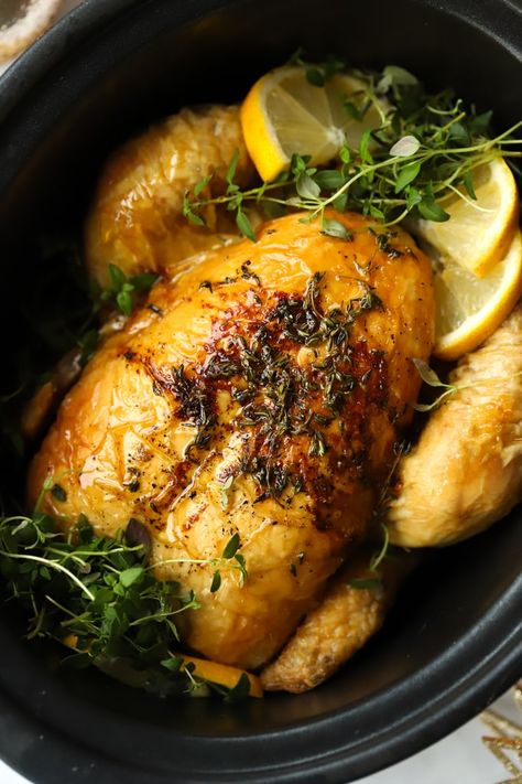 SLOW COOKER WHOLE CHICKEN - This Slow Cooker Whole Chicken recipe makes a brilliant alternative to your usual Roast Chicken. So simple, succulent and tasty. Put this on your menu for next Sunday! Pop it into your crock pot for a cooked joint without the fuss. #tamingtwins #slowcooker #slowcookerchicken #roastchicken #sundaylunch Roast Chicken In Slow Cooker, Best Whole Chicken Recipe, Slow Cooker Roast Chicken, How To Roast Chicken, Chicken In Slow Cooker, Slow Cooker Whole Chicken, Whole Baked Chicken, Panini Recipes Chicken, Can Chicken Recipes