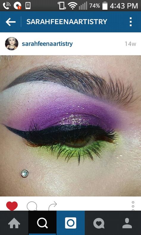 Green Purple Orange Eye Makeup, Green Halloween Eye Makeup, Purple And Green Eye Makeup, Green And Purple Makeup Look, Purple And Green Eyeshadow Looks, Purple And Green Makeup Looks, Green And Purple Eyeshadow Looks, Purple And Green Eyeshadow, Green And Purple Eyeshadow