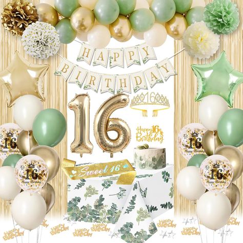 PRICES MAY VARY. Sweet 16 Decorations Sage Green: The package contains 20 sage green balloons, 15 sandy white balloons, 10 metallic gold balloons, 5 16th birthday confetti balloons, 16 balloon numbers, 2 star foil balloons, 16th birthday sash and crown, 4 paper pompoms flowers, 1 green happy birthday banner, 1 sage green tablecloth, 2 gold fringe curtains, 10g gold birthday confetti, happy 16th birthday cake topper. Enough quantity to meet your party decorating needs High-Quality Sweet 16 Balloo Fairy Sweet 16 Theme, Sage Green Themed Birthday Party, Sweet 16 Birthday Themes, 16th Birthday Party Themes, Sweet Sixteen Decor, Sage Green Birthday, 16 Party Decorations, Happy Birthday Sweet 16, Sweet 16 Sash