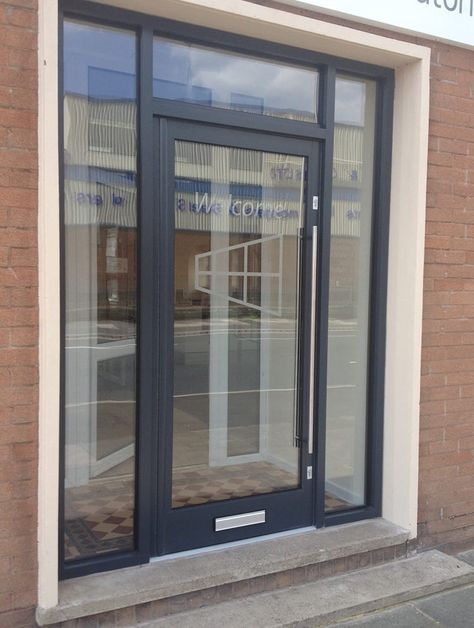 Fabrication Door Design, Commercial Doors Entrance, Aluminium And Glass Front Door, Entrance Door Aluminium, Steel Look Aluminium Doors, Aluminium Work, Aluminum Front Door, Commercial Glass Doors, Aluminium Door Design