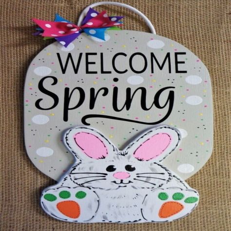 Spruce up your home decor with these beautiful Easter and Spring themed wooden signs! Handcrafted with care and available in a variety of colors and styles, they're perfect for adding a touch of holiday spirit to your walls or doors. 🐰🌷 Shop now and take advantage of combined shipping! #Easter #Spring #HomeDecor #WoodenSigns #Handcrafted  #eBay #HOMEDECORPLAQUESSIGNS #Wood #DoorDecor #Varied#MillerFamily Woodcrafts Sign Hanger, Bunny Carrot, Wooden Door Hanger, Easter Signs, Spring Bunny, Wooden Door Hangers, Spring Holidays, Welcome Spring, Easter Chicks