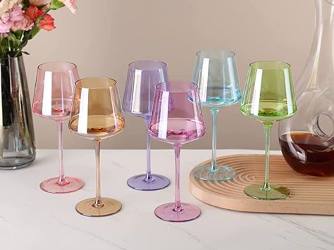 Colored Wine Glasses Set Of 6 - Modern Colorful Wine Glasses With Tall Long Stem and Flat Bottom,Perfect Colored Wine Stemware for Engagement,Bithday,Wedding,Bridal Shower Party14oz(Mixed Color) Pastel Wine Glasses, Rainbow Wine Glasses, Coloured Wine Glasses, Square Wine Glasses, Colorful Wine Glasses, Rainbow Glassware, Colored Stemware, Cute Wine Glasses, Modern Wine Glasses