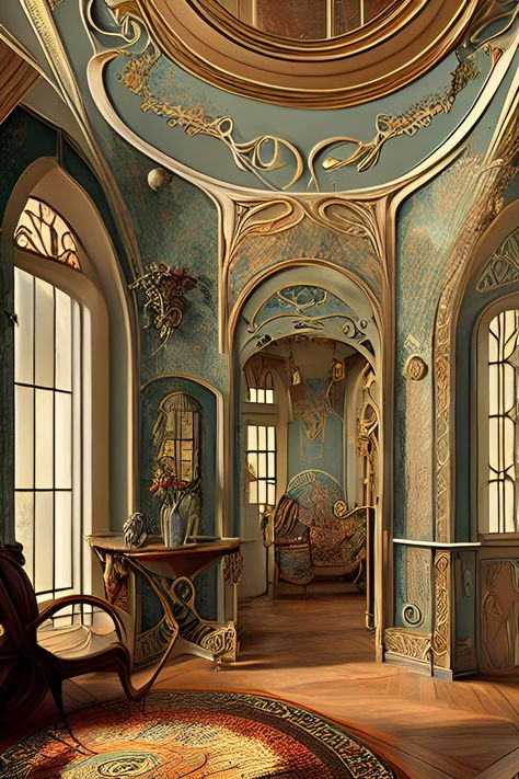 Art Nuevo Interior Design, Modern Art Nouveau Architecture, Art Nouveau Castle, Art Nuevo Interior, Art Nouveau Mood Board, 1910s Interior Design, Art Nouveau Room, Art Nouveau Window, Art Nouveau Interior Design