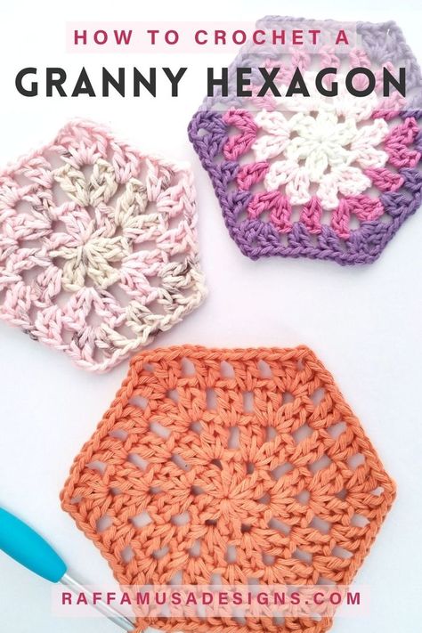 Three crochet granny hexagons made in different yarn colors Crochet Granny Square Free Pattern, Granny Square Free Pattern, Crochet Coaster Patterns, Flower Design Ideas, Hexagon Crochet Pattern, Granny Hexagon, Crochet Hexagons, Hexagon Crochet, Coaster Patterns