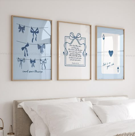 Light Blue Christian Blessings Posters Set of 3 Modern Christian Decor Minimalist Christian Bow Prints Bible Verse for Little Boys Bedroom Bedroom Decor Light Blue, Christian Dorm Decor, Blue White And Grey Bedroom, Daughter Room Design, Light Blue Posters, Blue Room Decor Bedroom, Greece Inspired Bedroom, Light Blue Dorm Room Ideas, Christian Wall Prints