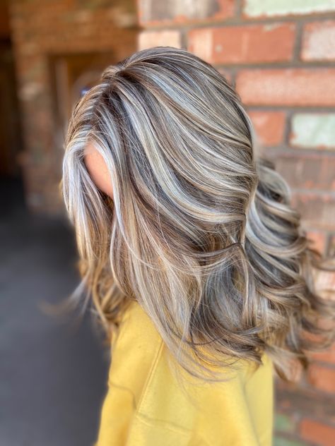 Dimensional Hair Ash Brown Hair With Chunky Highlights, Silver And Grey Highlights, Blonde Brown Grey Hair, Very Dimensional Blonde, Dramatic Multi Dimensional Hair Color, Ash Brown Hair With Caramel Highlights, Brown And Platinum Blonde Hair, Chunky Dimensional Blonde, Long Dimensional Blonde Hair