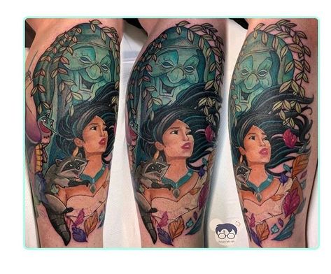 Pocahontas, Flit, Meeko, Grandmother Willow tattoo Grandmother Willow Tattoo, Willow Tattoo Ideas, Meeko Pocahontas, Princess Tattoos, Willow Tattoo, Grandmother Willow, Disney Inspired Tattoos, Disney Sleeve Tattoos, Pocahontas Tattoo