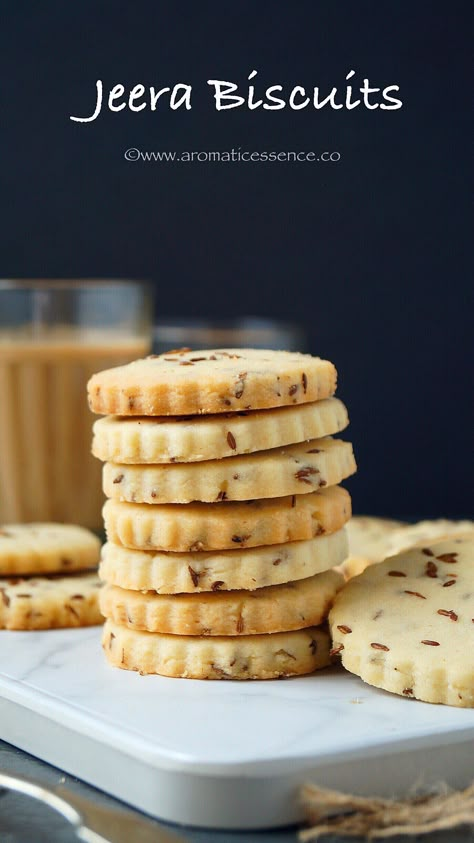 Jeera Biscuits  (cumin cookies) are sweet, salty, crispy, crunchy and crumbly Indian bakery style eggless cookies, flavored with roasted cumin seeds. Eggless Cookies, Salty Cookies, Savoury Biscuits, Crispy Cookies, Indian Desserts, Indian Snack Recipes, Biscuit Cookies, Biscuit Recipe, Beignets