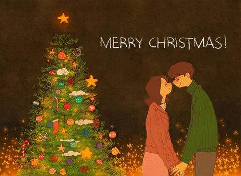 Merry Christmas!  #merrychristmas #christmas #love Christmas Love Couple, Puuung Love Is, Kiss Me Under The Mistletoe, Wall E Eve, Couple Illustration, Under The Mistletoe, Cute Love Stories, Love Illustration, Cute Couple Art