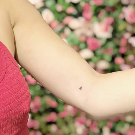 “A” letter tattoo on the left inner arm. Arm Tattoos Lettering, Inner Elbow Tattoos, 27 Tattoo, Inner Arm Tattoos, Letter Tattoo, Elbow Tattoos, 4 Tattoo, Small Girl Tattoos, Initial Tattoo