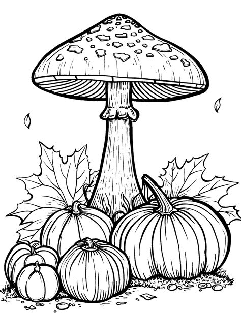 Huge Mushroom and Harvest Vegetables: A scene with a huge mushroom amid pumpkins on the ground. (Free Printable Coloring Page for Kids) Pumpkin And Mushroom Drawing, Watercolor Templates Printables Free, Mushroom Coloring, Mushroom Printable, Mushroom Stencils Free Printable, Colour In, Colouring In, Mushroom Coloring Pages, Mushrooms Coloring Pages