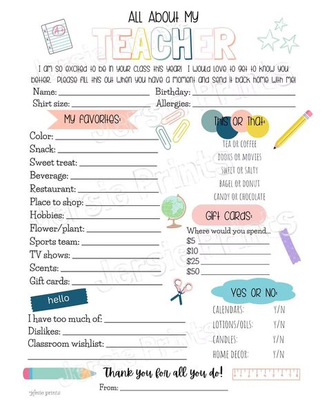 All About My Teacher / Teacher … curated on LTK Teacher Getting To Know You Sheet, Get To Know My Teacher Printable, Teachers Likes List, Room Mom Teacher Questionnaire, Teacher Get To Know You, Teacher Get To Know You Free Printable, All About My Teacher Questionnaire, Teacher Information Sheet For Gifts, Teachers Favorites Printable