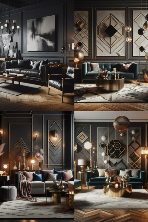 #artdeco #moodylivingroom #blackwalls #blackpaint #velvet #blacktrimwork #livingroom #luxury #glam #Gothicglam#blackisthenewwhite Vintage Glam Living Room, Glam Living Rooms, Modern Art Deco Living Room, Art Deco Living, Moody Living Room, Deco Halloween, Deco Living Room, Deco Living, Art Deco Living Room