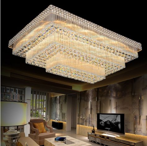 European LED Flush Mount Square Crystal Chandelier Living Room Lobby Foyer Chandeliers, Room Chandeliers Bedrooms, Rectangle Living Room, Crystal Chandelier Living Room, Hall Stairs, Rectangular Living Rooms, Deco Chandelier, Modern Crystal Chandelier, Crystal Ceiling Light