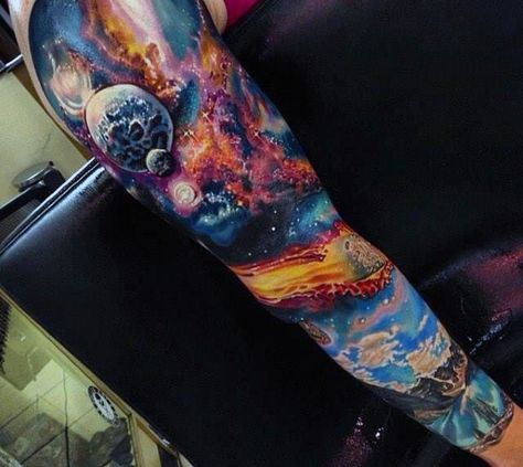 Male Cosmic Tattoo Full Sleeve Galaxy Tattoo Sleeve, Space Tattoo Sleeve, Outer Space Tattoos, Cosmic Tattoo, 16 Tattoo, Universe Tattoo, M Tattoos, Galaxy Tattoo, Geniale Tattoos