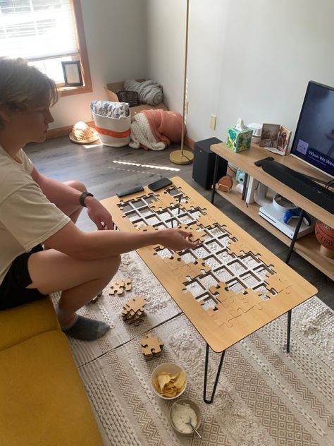 Puzzle table, wood-grain puzzle pieces, MCM decor, coffee table, first apartment married/out of college, newlyweds College Board Games, College Apartment With Roommates, Our First Apartment, Was It Worth It, Puzzle Table, College Roommate, First Apartment, Put Together, Fun Games