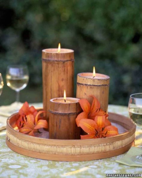 Natural, earthy, and warm candles made from bamboo. Other projects can be found at this linke. Repurpose, upcycle, recycle, and reuse! Candles And Flowers, Diy Bamboo, Bamboo Candle, Bamboo Diy, Bamboo Decor, Bamboo Art, Tropical Home Decor, Bamboo Crafts, Bamboo Furniture