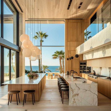 kitchens japandi Island Kitchen Aesthetic, Triple Island Kitchen Layout, Japandi Beach House, Kitchens With High Ceilings, Bali Kitchen Design, Natural Wood Kitchen Island, Japandi Kitchen Island, Two Island Kitchen, Zen Kitchen Design