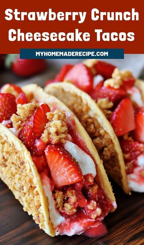 These strawberry crunch cheesecake tacos are the best tacos for a sweet and crunchy dessert. Filled with creamy cheesecake and topped with strawberry crunch, they’re the ultimate dessert tacos for any occasion Cheesecake Tacos Recipe, Crunch Tacos, Dessert Tacos, Cheesecake Tacos, Strawberry Crunch Cheesecake, Crunch Cheesecake, Fried Tacos, Dessert Taco, Cheesecake Ideas