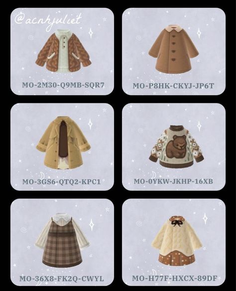 Animal Crossing Winter, Designs Animal Crossing, Acnh Clothing Codes, Animal Crossing Fashion, Acnh Winter, Cottagecore Animal Crossing, Acnh Outfits, Animal Crossing Clothing, Animal Crossing Design Codes