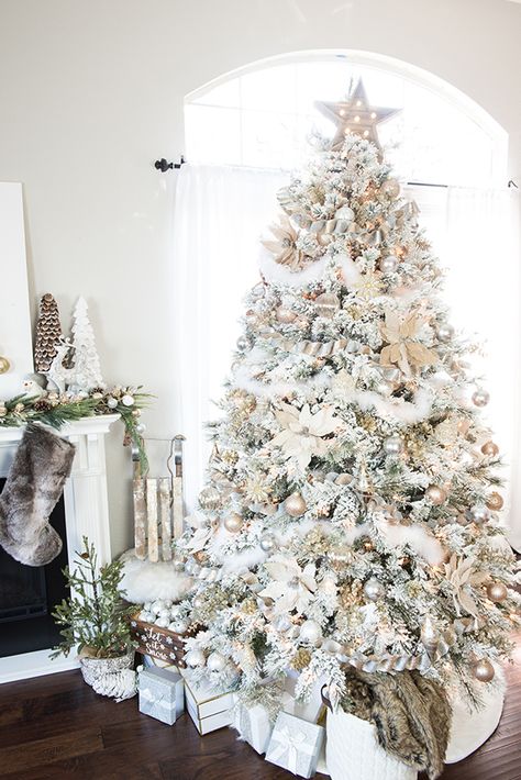 How to decorate a flocked Gold and Silver Winter Wonderland Christmas Tree – Michaels Dream Tree Challenge. Tree Winter, Elegant Christmas Trees, A White Christmas, Gold Christmas Decorations, Winter Wonderland Christmas, White Christmas Trees, Flocked Christmas Trees, White Christmas Decor, Gold Christmas Tree