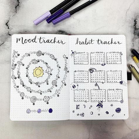 SO IN LOVE with how my mood and habit trackers turned out! The asteroid belt is so cute and I can’t wait to fill up all these planets and stars with these pretty purpled :) April Bullet Journal, March Bullet Journal, Down Wedding Hairstyles, January Bullet Journal, Bullet Journal Set Up, Planets And Stars, Asteroid Belt, Half Up Half Down Wedding, Bullet Journal Mood Tracker Ideas