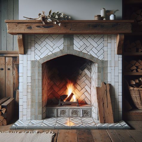 86 Fireplace Tile Ideas for Creative Refinement – artAIstry Fireplace With Tile Surround Farmhouse, Fireplace With Tiles Surround, Fo Fireplace Ideas Diy, Glass Tile Around Fireplace, Wood And Tile Fireplace Surround, Unique Gas Fireplace Ideas, Tile Surrounding Fireplace, Timeless Fireplace Ideas, Tiles Around Fireplace