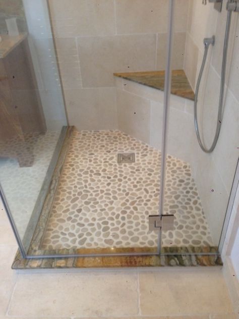 pebbled wetroom floor seat in shower good idea Small Wet Room, Beige Bathrooms, Small Shower Room, Small Shower Remodel, Pebble Floor, Modern Bathroom Remodel, New Bathroom Ideas, Rustic Bathroom Designs, Garden Shower