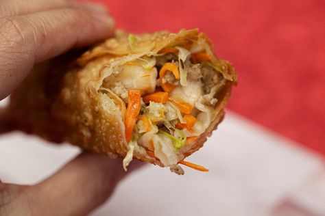 These shrimp and pork egg rolls are fried twice for extra crunch, and served with two simple, homemade dipping sauces. Shrimp Egg Rolls Recipe, Pork Egg Roll Recipes, Shrimp Egg Rolls, Egg Roll Recipe, Pork And Shrimp, Munchies Recipes, Egg Rolls Recipe, Telur Dadar, Asian Appetizers