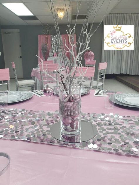 Pink And Gray Party Decorations, Pink And Silver Table Decorations, Pink Winter Wonderland Party Centerpieces, Pink Black And Silver Party Decor Centerpieces, Pink And Grey Birthday Party Ideas, Pink Silver White Party Decor, Pink And Silver Graduation Party, Pink And Silver Party Ideas, Pink And Silver Decor