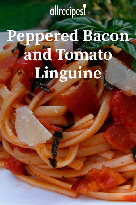 Peppered Bacon and Tomato Linguine | "This was so good! I loved the combo of the bacon and tomatoes with the pasta - it's a nice change from plain old spaghetti. The whole family liked it!" #allrecipes #pasta #pastarecipes #pastainspiration #pastadinner #pastaideas #pastadinner #pastaideas Peppered Bacon, Tomato Linguine, Simple Tomato Sauce, Linguine Recipes, Favorite Pasta Recipes, Sauteed Greens, Easy Tomato Sauce, Linguine Pasta, Favorite Recipes Dinner