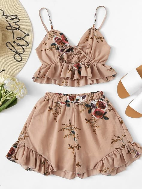 Cute Sleepwear, Crop Top Outfits, Cute Summer Outfits, Girls Fashion Clothes, Teenage Fashion Outfits, Teen Fashion Outfits, Amelie, Two Piece Outfit, Shorts Set