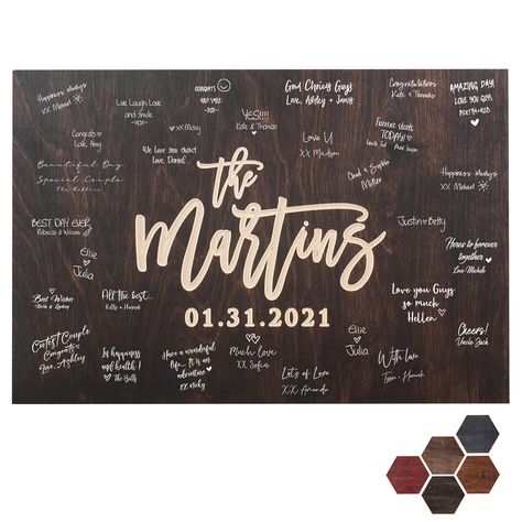 PRICES MAY VARY. A PERFECT ALTERNATIVE FOR GUEST BOOK: Since the guest book is one of the unique keepsake parts of the wedding we present you our remarkable wedding guest book alternatives which is a unique wedding sign and guest book at the same time 5 WOODEN COLORS: Our personalized wedding guest book comes in 5 optional wooden colors ( Black, Georgian Cherry, Java, Walnut, or Mahogany ) to choose from. OPTIONAL SIZES & SHAPES: Our custom wedding guest book comes in 2 optional shapes ( rectang