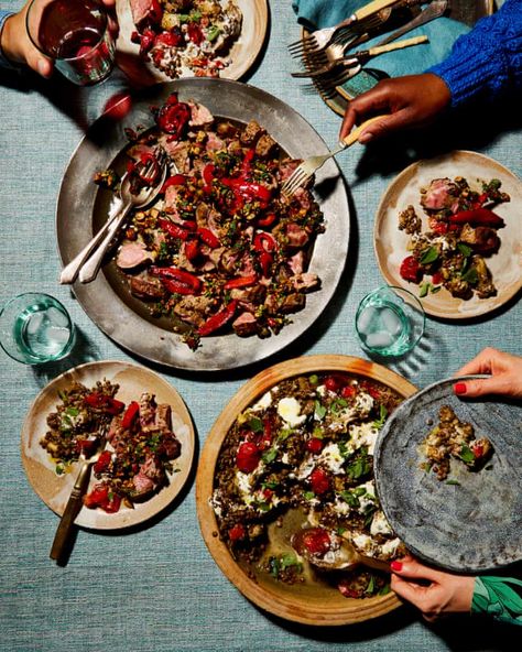 A cunning plan: Yotam Ottolenghi’s main course recipes for a Christmas party | Food | The Guardian Lamb Fillet, Party Main Course, Dinner Party Main Course, Dinner Party Mains, Lamb Pasta, Roasted Aubergine, Puy Lentils, Yotam Ottolenghi Recipes, Ottolenghi Recipes