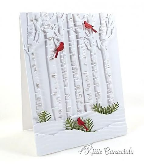 CAS Winter Scene by kittie747 - Cards and Paper Crafts at Splitcoaststampers Impression Obsession, Christmas Card Inspiration, Homemade Christmas Cards, Tree Cards, Embossed Cards, Birch Trees, Diy Christmas Cards, Christmas Cards To Make, White On White