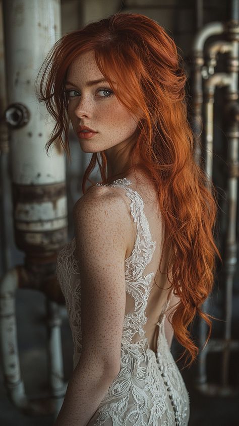 This enchanting bridal look is a blend of elegance and boldness. The bride's fiery red hair perfectly complements the intricate lace detailing of her gown, creating a vintage yet modern vibe. The soft industrial backdrop enhances the ethereal beauty of the moment. 🌿✨ #bride #wedding #style #redhead #lace #dreamy #vintage #modern #ethereal #romantic #industrial #weddinginspo Wedding Hair For Redheads, Bride Makeup Redhead, Wedding Hair Redhead, Ginger Wedding Hair, Red Hair Wedding Hairstyles, Red Hair Brides, Industrial Backdrop, Redhead Bride, Wedding Flower Crowns