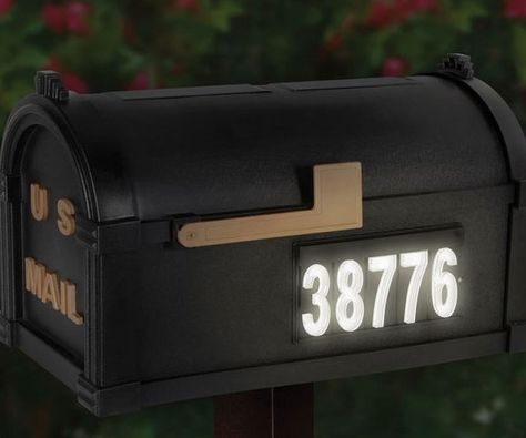 Make it easy for others to find your house at night with the solar illuminated mailbox. The mailbox's innovative design features solar powered address numbers that store energy all day long so that they can shine brightly into the wee hours of the night. Solar House Numbers, Black Mailbox, Illuminated House Numbers, Mailbox Address, Hammacher Schlemmer, The Mailbox, Address Numbers, Bright Ideas, Address Sign