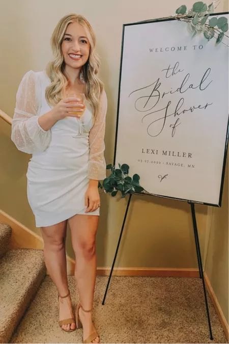 Midsize Bridal Shower Outfit, White Dresses For Bridal Shower, Bridal Shower Outfit For Bride Spring, Fall Bridal Shower Dress For Bride, Casual Bridal Shower Outfit, Bridal Shower Looks Brides, Bridal Shower Outfits For Bride, Bridal Shower Outfit Ideas, Bridal Shower Looks