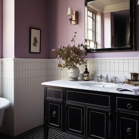 11 Stunning Mauve Decor Ideas You'll Want in Your Home Dusty Purple Bathroom, Mauve Hallway, Dusty Purple Paint Color, Moody Purple Paint Colors, Mauve Bathroom Ideas, Violet Bathroom, Mauve Bathroom, Mauve Decor, Lilac Bathroom