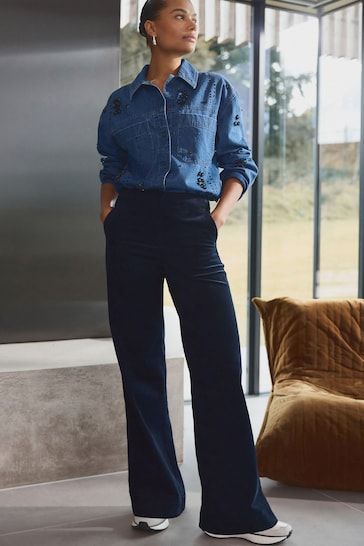 Premium Cord Wide Leg Trousers in Navy Navy Tailored Pants Outfit, Navy Blue Trousers Outfit, Navy Pants Outfit, Tailored Pants Outfit, Simple Wardrobe, Borg Jacket, The White Company, Black Trousers, Tailored Pants