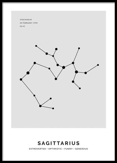 Illustration of the Sagittarius zodiac sign in black on a grey background with text in the top left corner and underneath the image. Personal Poster, Sagittarius Art, Sagittarius Constellation, Sagittarius Zodiac Sign, Sagittarius Sign, Gold Poster, Sagittarius Zodiac, Online Posters, Personalised Prints