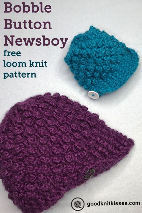 Bobble Button Newsboy Free Retro Loom Knitting Pattern & Tutorial Video Nerdy Knitting, Loom Knitting Patterns Free, Loom Knitting Patterns Hat, Newsboy Hat Pattern, Loom Knitting Pattern, Round Loom Knitting, Loom Hats, Loom Knitting Tutorial, Loom Knit Hat